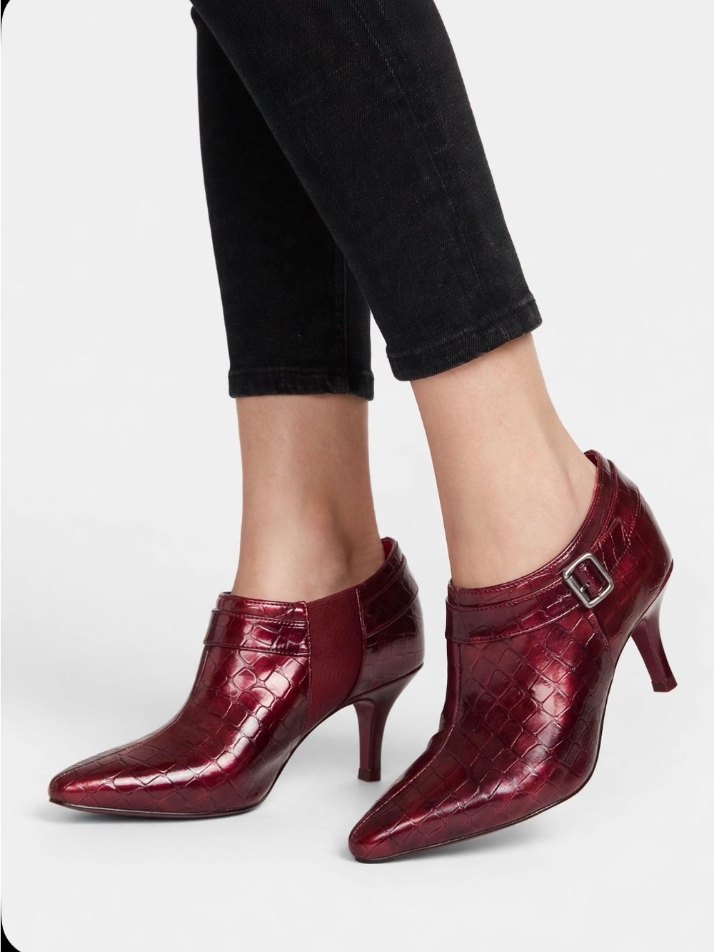 Kelly & Katie Pointed Croc-Embossed Slip-On Heels in Burgundy